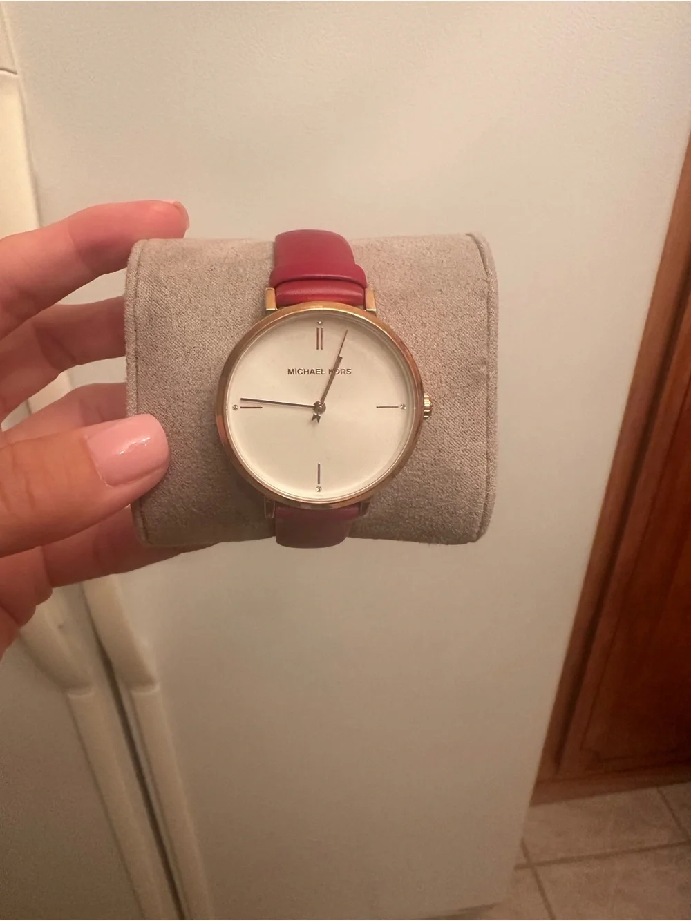 Michael Kors Gold Round Watch with Pink Leather Strap
